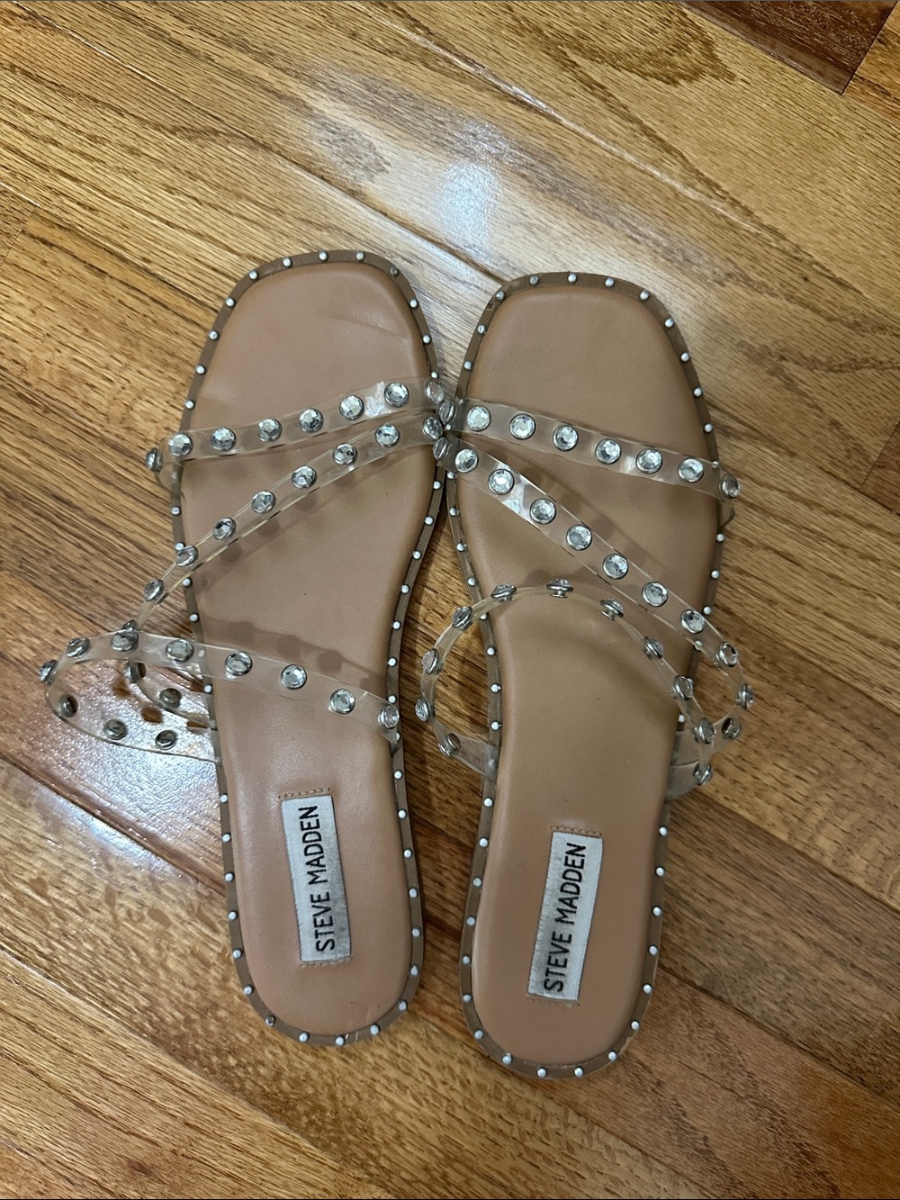 Steve Madden Tan Slide Sandals with Clear Crystal Studs